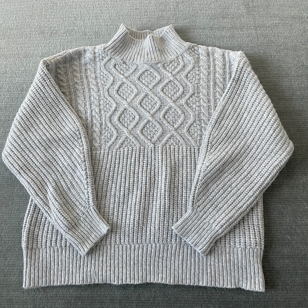 Target‎ A New Day Sweater Women L Gray Turtleneck Cable Knit Puff Sleeve Minimal